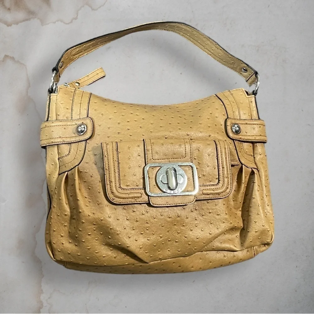 GUESS Enchanted Faux Ostrich Leather Tan and Silver Hobo Bag